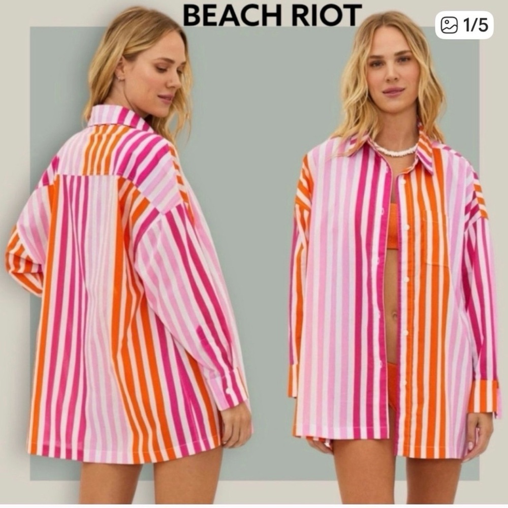 BEACH RIOT Alexa Top in Sunset Stripes pink white orange 100% cotton